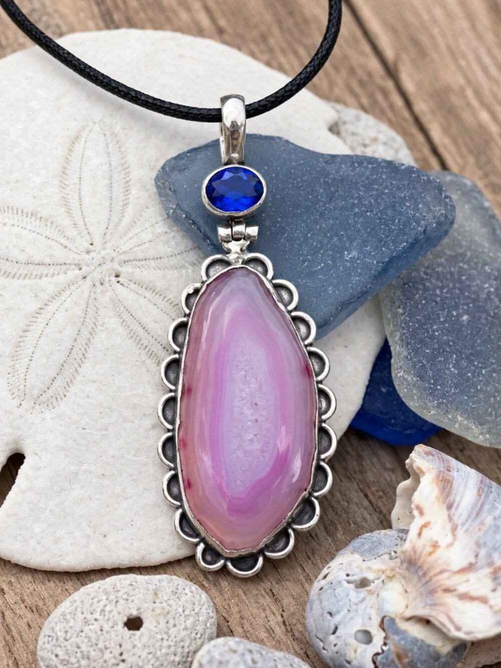 925 Sterling Silver Genuine Purple Agate Bohemian Pendant Necklace Adj 19"