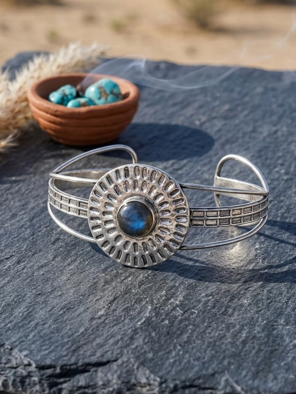 Labradorite Cuff Bracelet 925 Sterling Silver Sunburst Concho Southwestern 2.5" - NeoKira Unlimited