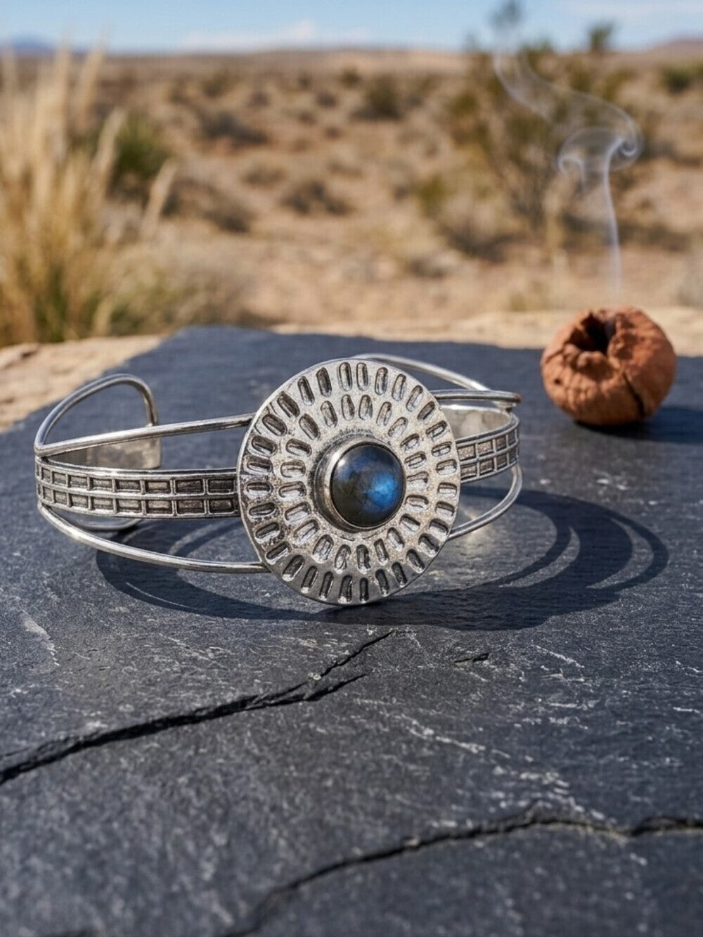 Labradorite Cuff Bracelet 925 Sterling Silver Sunburst Concho Southwestern 2.5" - NeoKira Unlimited