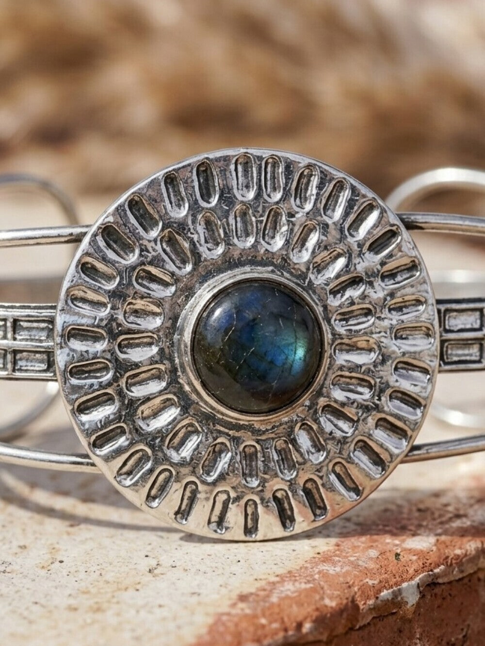 Labradorite Cuff Bracelet 925 Sterling Silver Sunburst Concho Southwestern 2.5" - NeoKira Unlimited