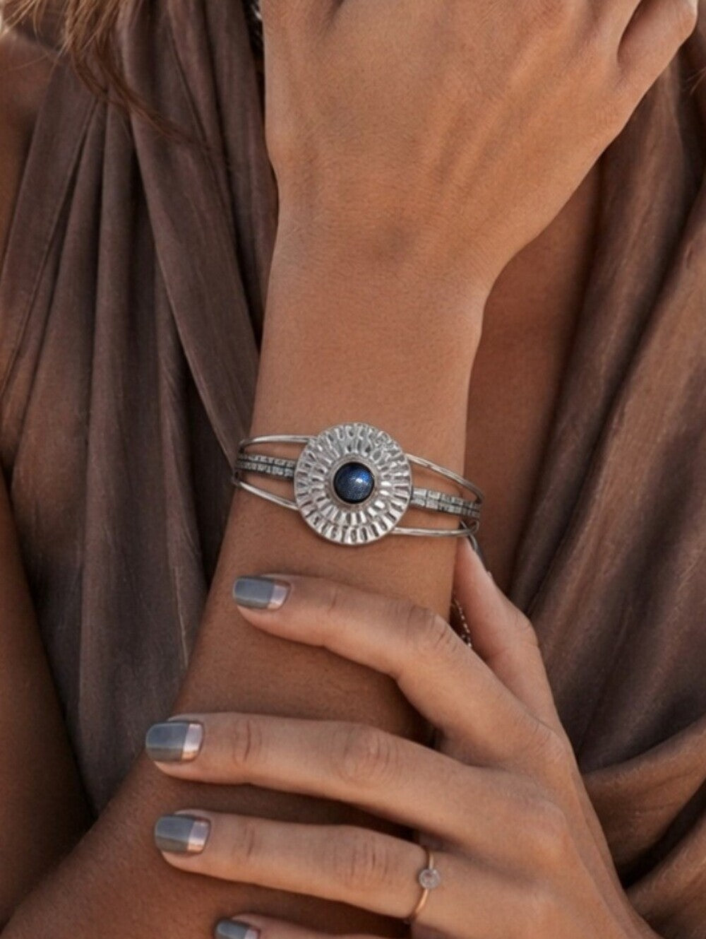 Labradorite Cuff Bracelet 925 Sterling Silver Sunburst Concho Southwestern 2.5" - NeoKira Unlimited