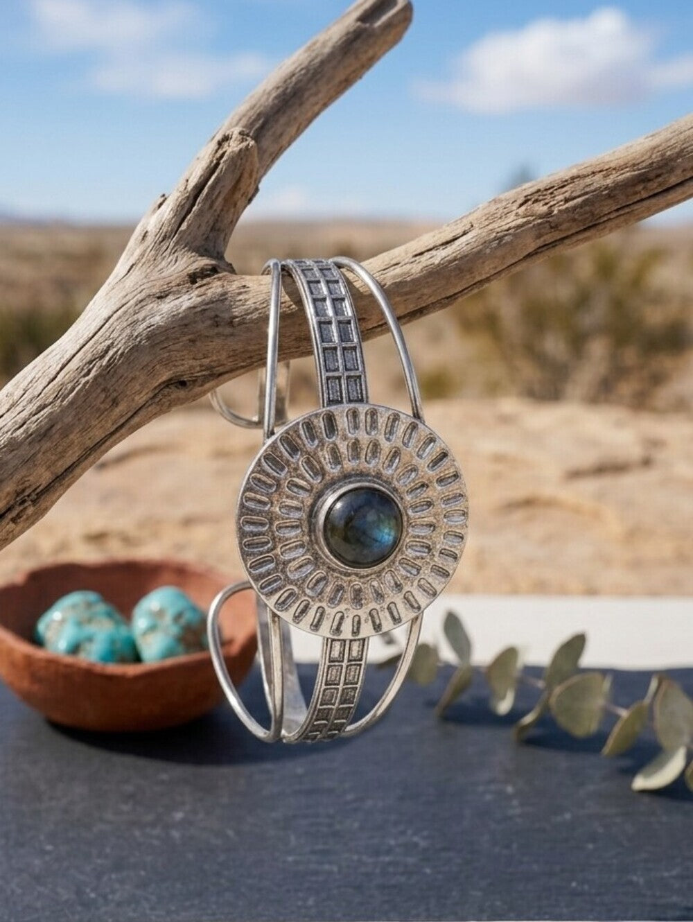 Labradorite Cuff Bracelet 925 Sterling Silver Sunburst Concho Southwestern 2.5" - NeoKira Unlimited