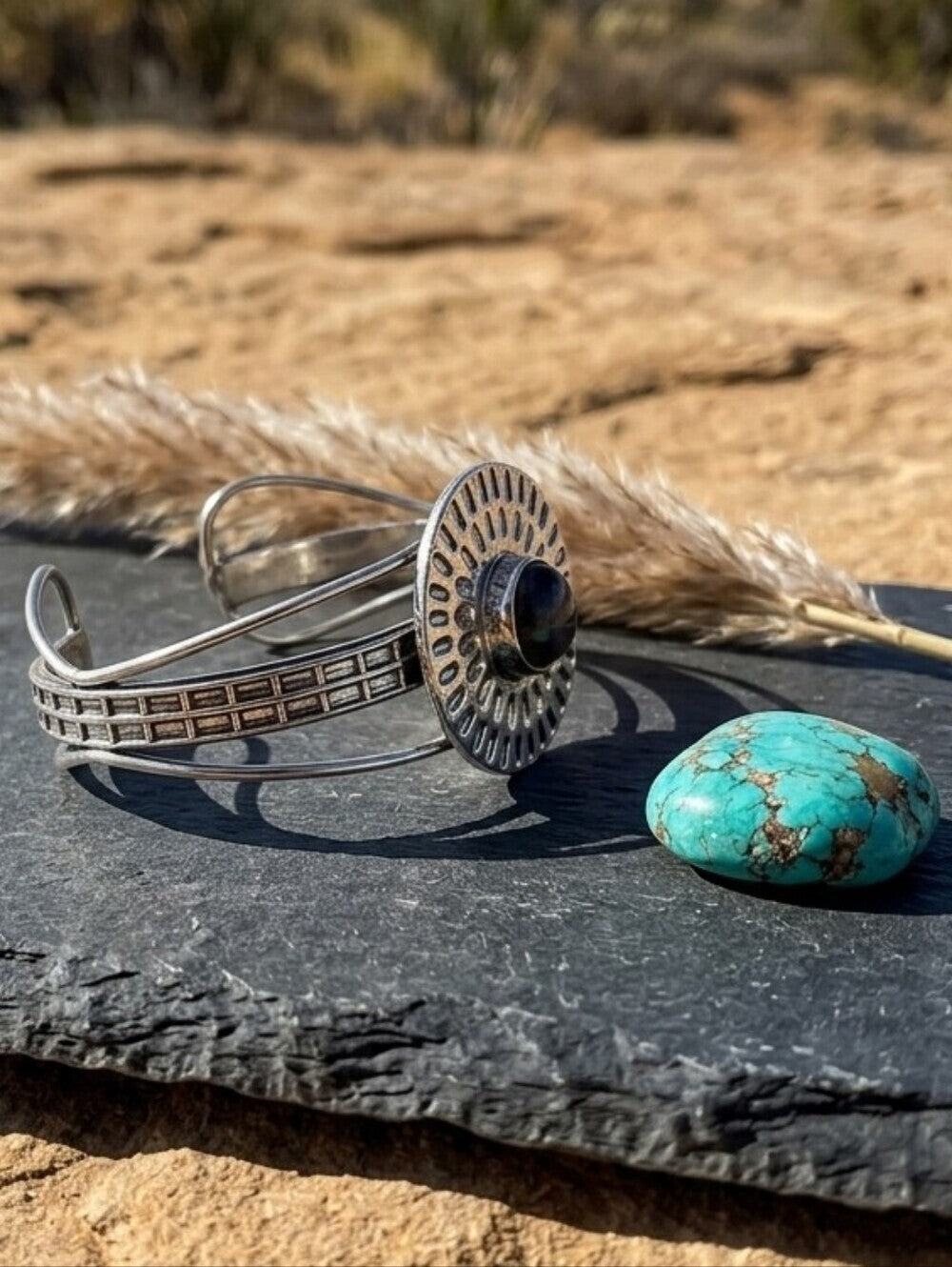 Labradorite Cuff Bracelet 925 Sterling Silver Sunburst Concho Southwestern 2.5" - NeoKira Unlimited