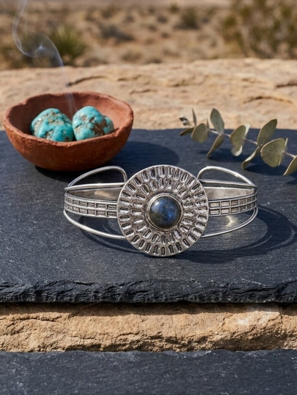 Labradorite Cuff Bracelet 925 Sterling Silver Sunburst Concho Southwestern 2.5" - NeoKira Unlimited
