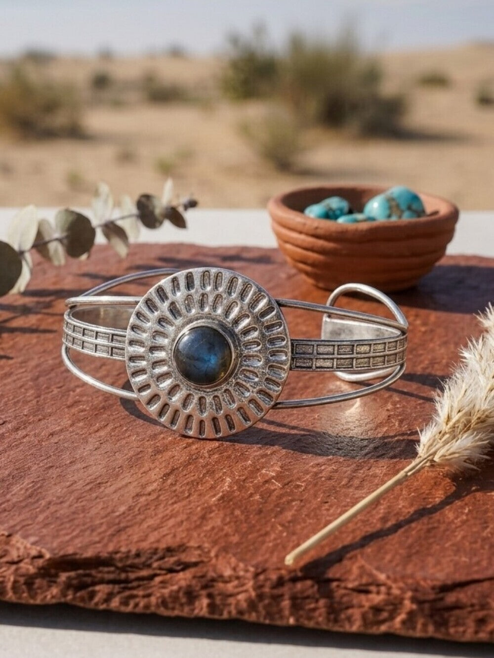 Labradorite Cuff Bracelet 925 Sterling Silver Sunburst Concho Southwestern 2.5" - NeoKira Unlimited