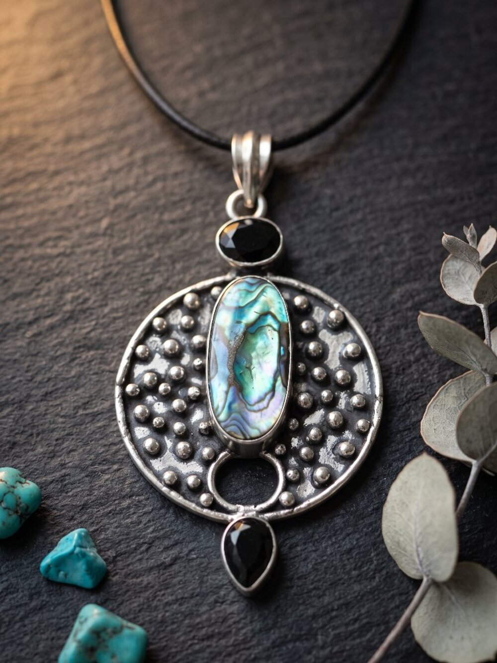 Abalone Shell Pendant Necklace 925 Sterling Silver Bohemian Oxidized Black 1.95" - NeoKira Unlimited