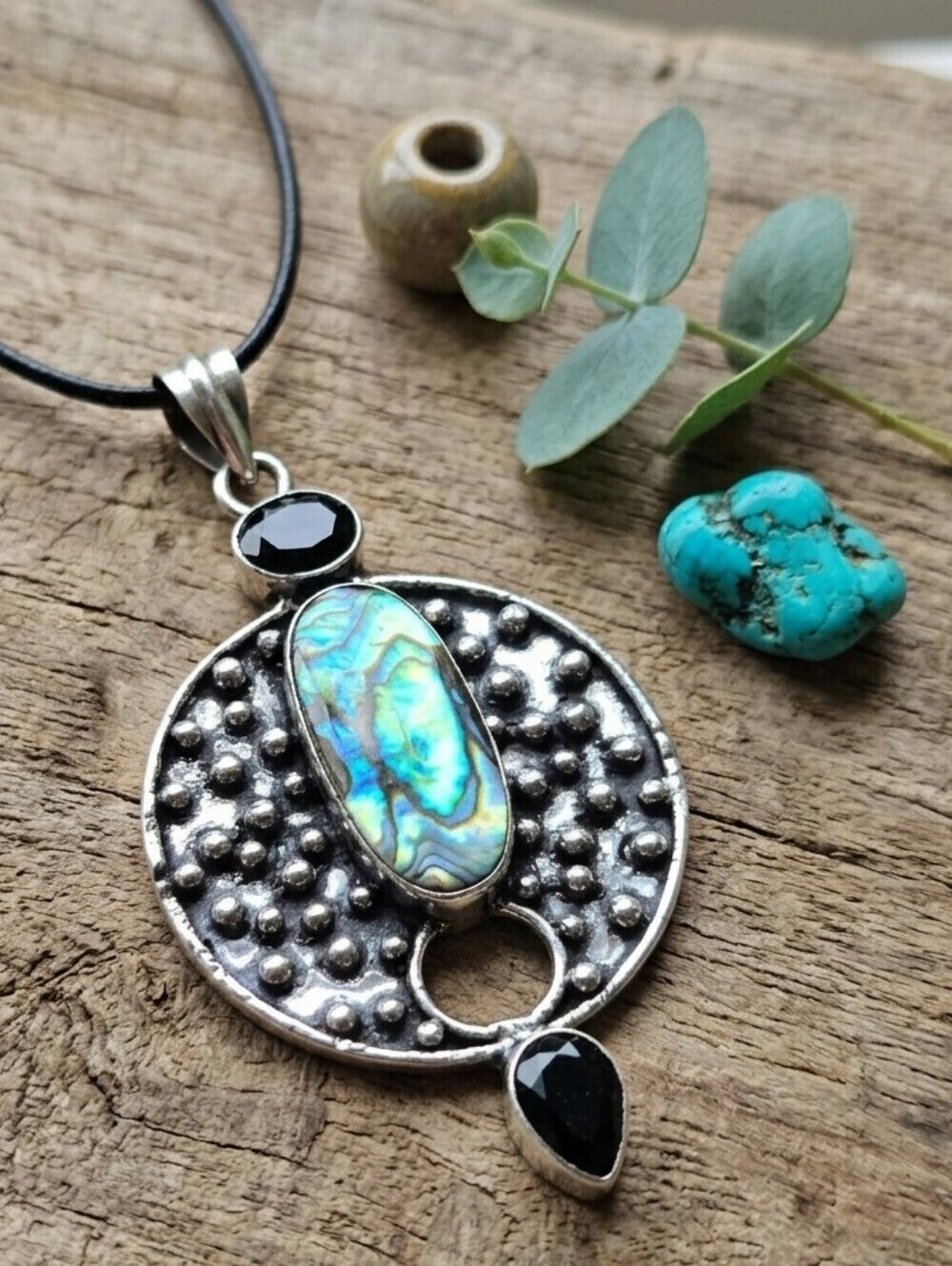 Abalone Shell Pendant Necklace 925 Sterling Silver Bohemian Oxidized Black 1.95" - NeoKira Unlimited