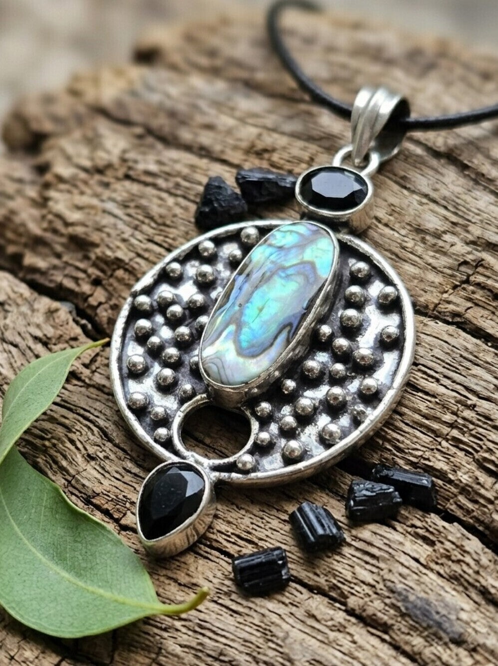 Abalone Shell Pendant Necklace 925 Sterling Silver Bohemian Oxidized Black 1.95" - NeoKira Unlimited