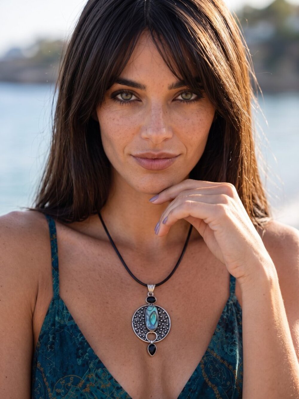 Abalone Shell Pendant Necklace 925 Sterling Silver Bohemian Oxidized Black 1.95" - NeoKira Unlimited