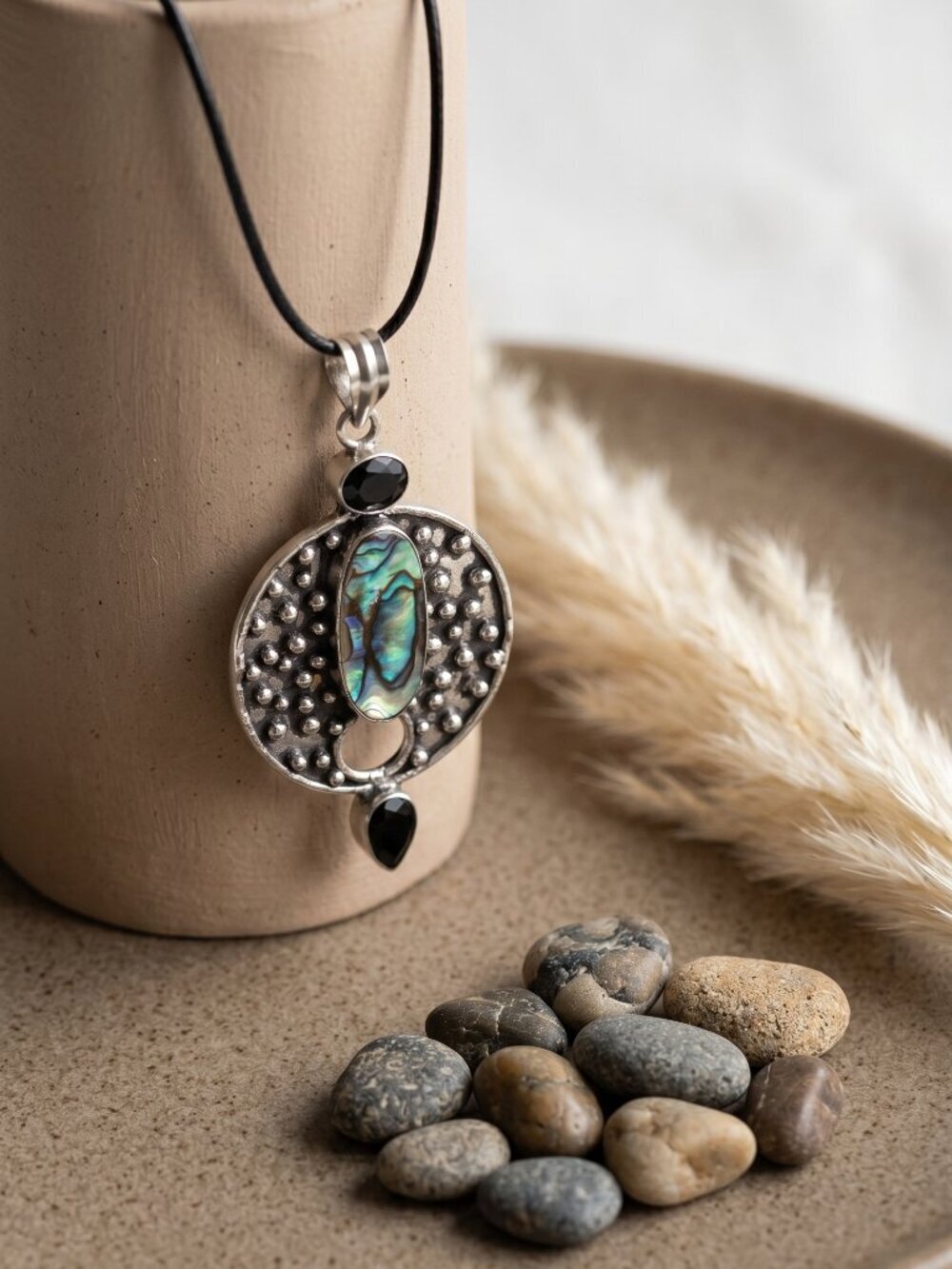 Abalone Shell Pendant Necklace 925 Sterling Silver Bohemian Oxidized Black 1.95" - NeoKira Unlimited