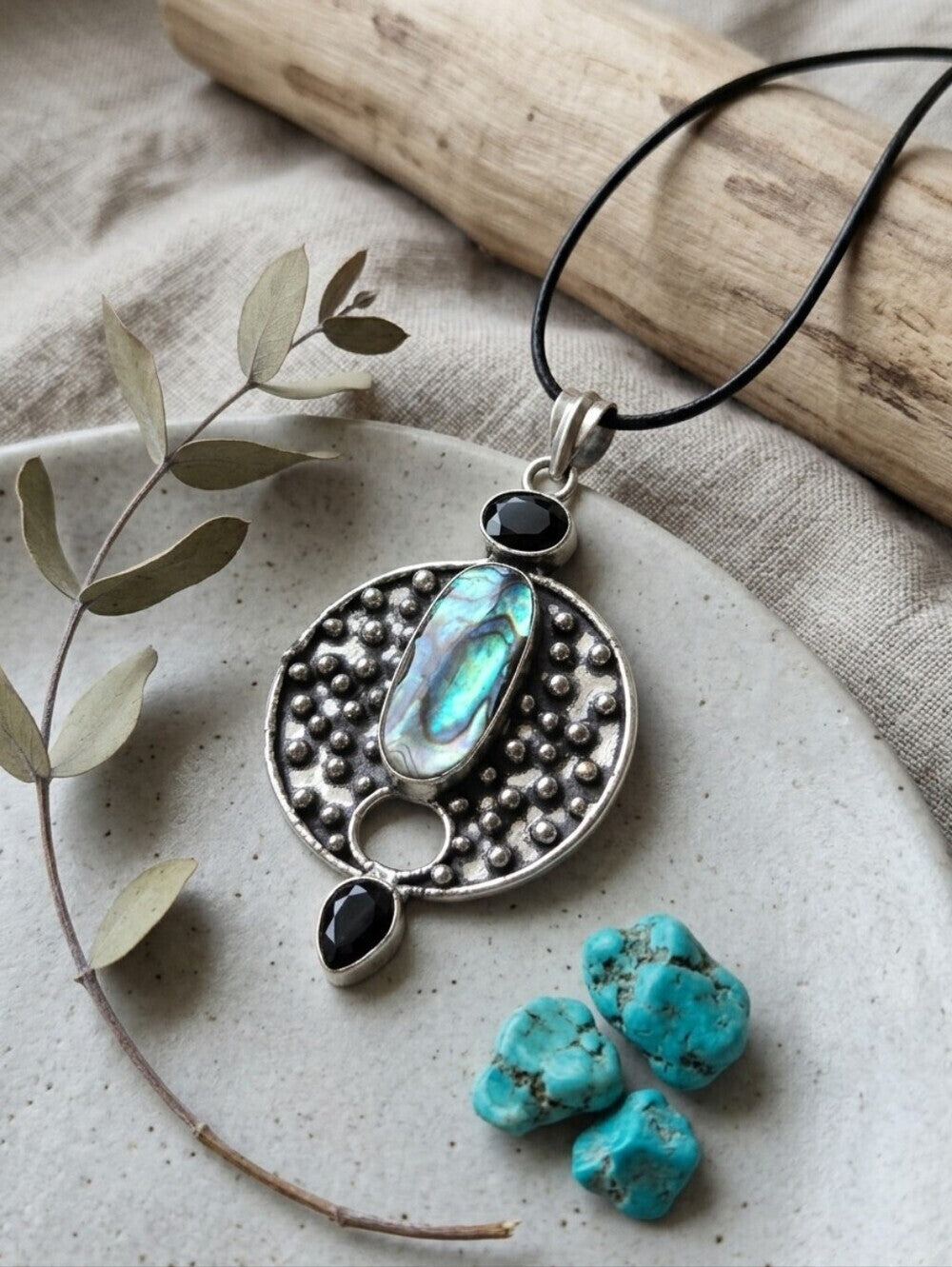 Abalone Shell Pendant Necklace 925 Sterling Silver Bohemian Oxidized Black 1.95" - NeoKira Unlimited