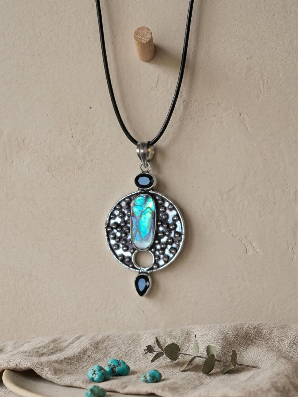 Abalone Shell Pendant Necklace 925 Sterling Silver Bohemian Oxidized Black 1.95" - NeoKira Unlimited