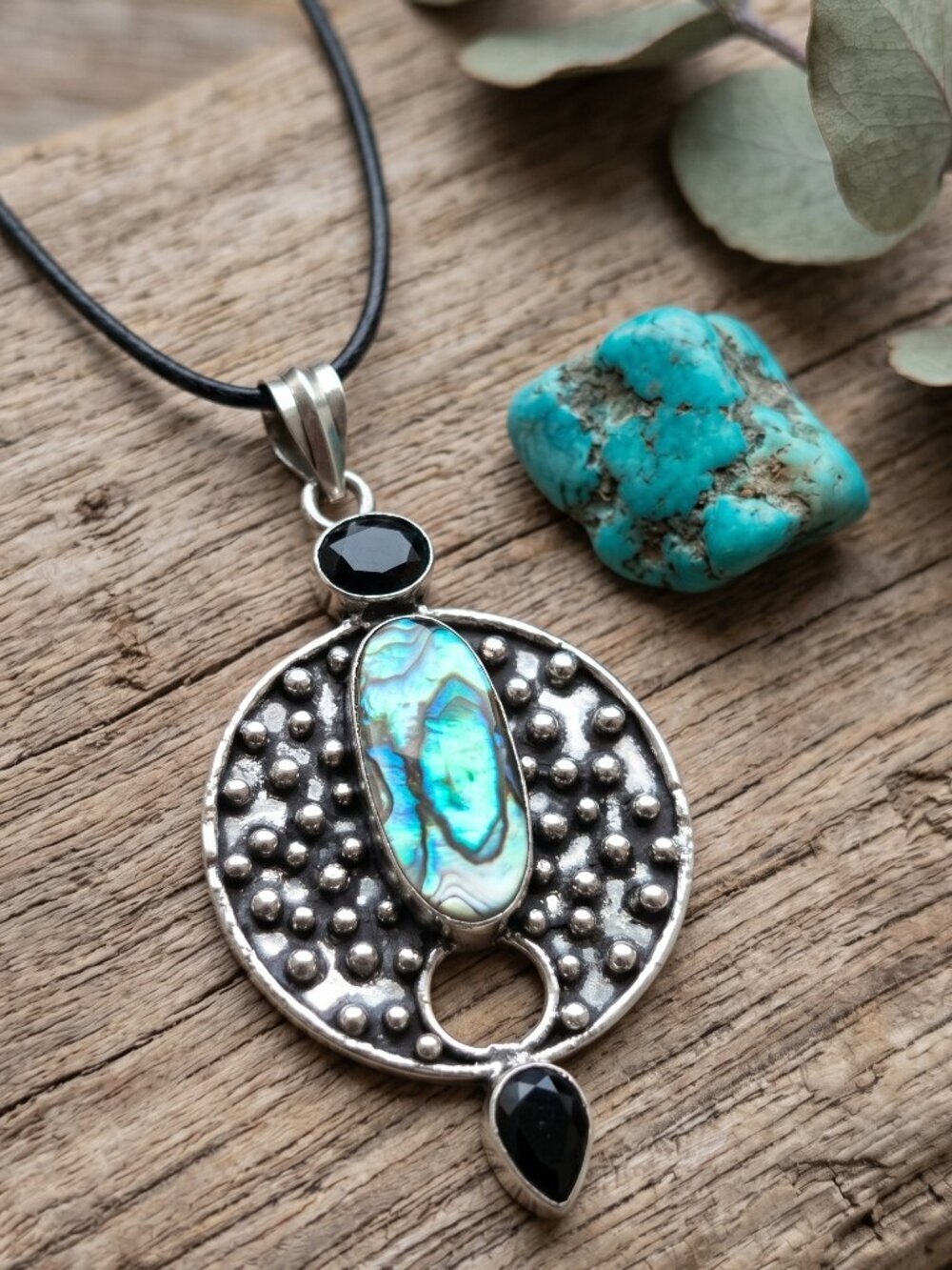 Abalone Shell Pendant Necklace 925 Sterling Silver Bohemian Oxidized Black 1.95" - NeoKira Unlimited