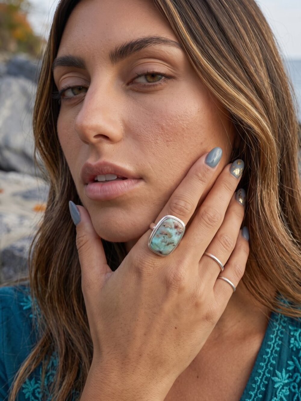 Larimar Ring Genuine Coastal Cowgirl Boho Silver Plated Artisan Statement Sz 9
