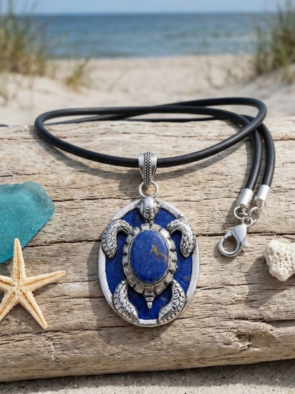 925 Sterling Silver 3D Sea Turtle Pendant Blue Copper Turquoise Coastal Boho 18"