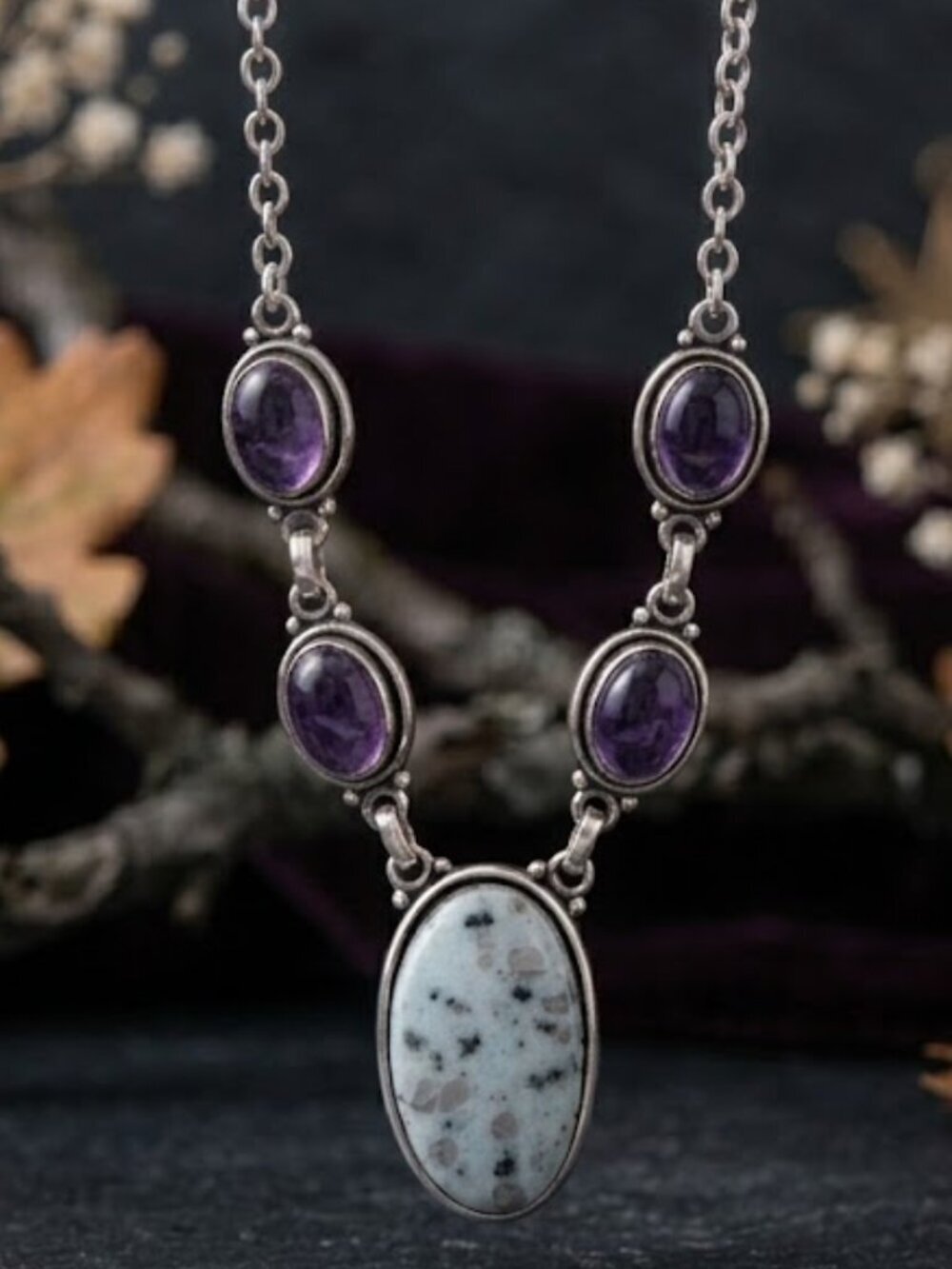 Amethyst Kiwi Jasper 925 Sterling Silver Statement Bib Necklace Multi Stone 19"