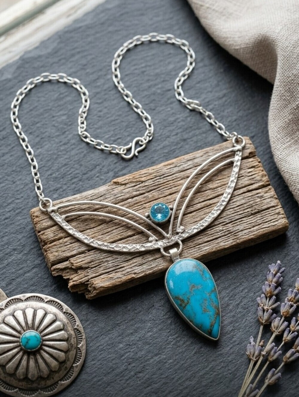 925 Sterling Silver Genuine Turquoise and Blue Topaz Crescent Necklace 20" - NeoKira Unlimited