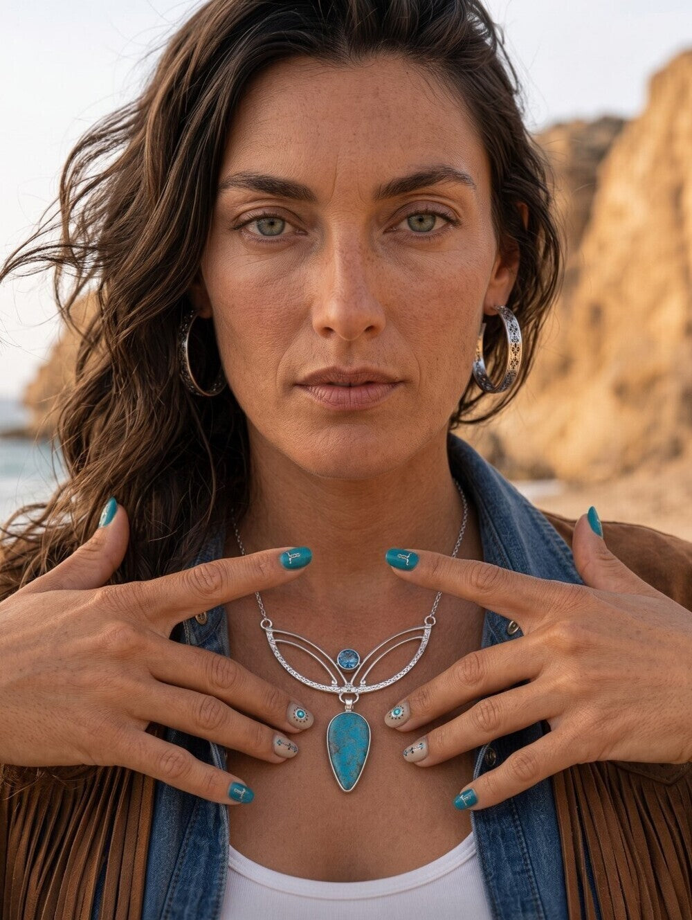 925 Sterling Silver Genuine Turquoise and Blue Topaz Crescent Necklace 20" - NeoKira Unlimited