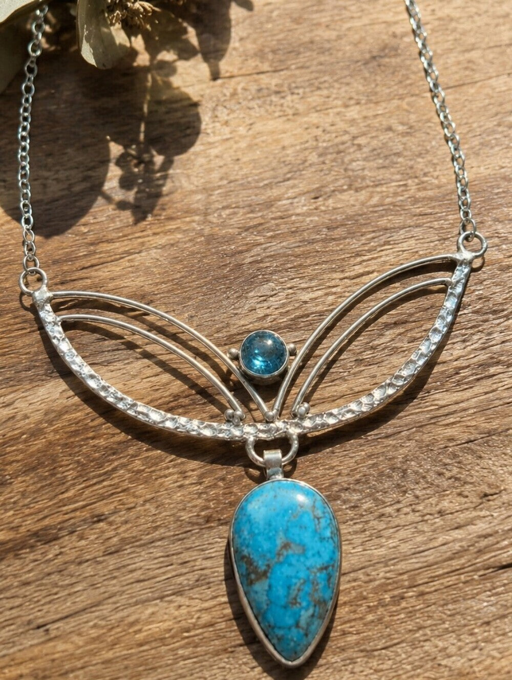 925 Sterling Silver Genuine Turquoise and Blue Topaz Crescent Necklace 20" - NeoKira Unlimited