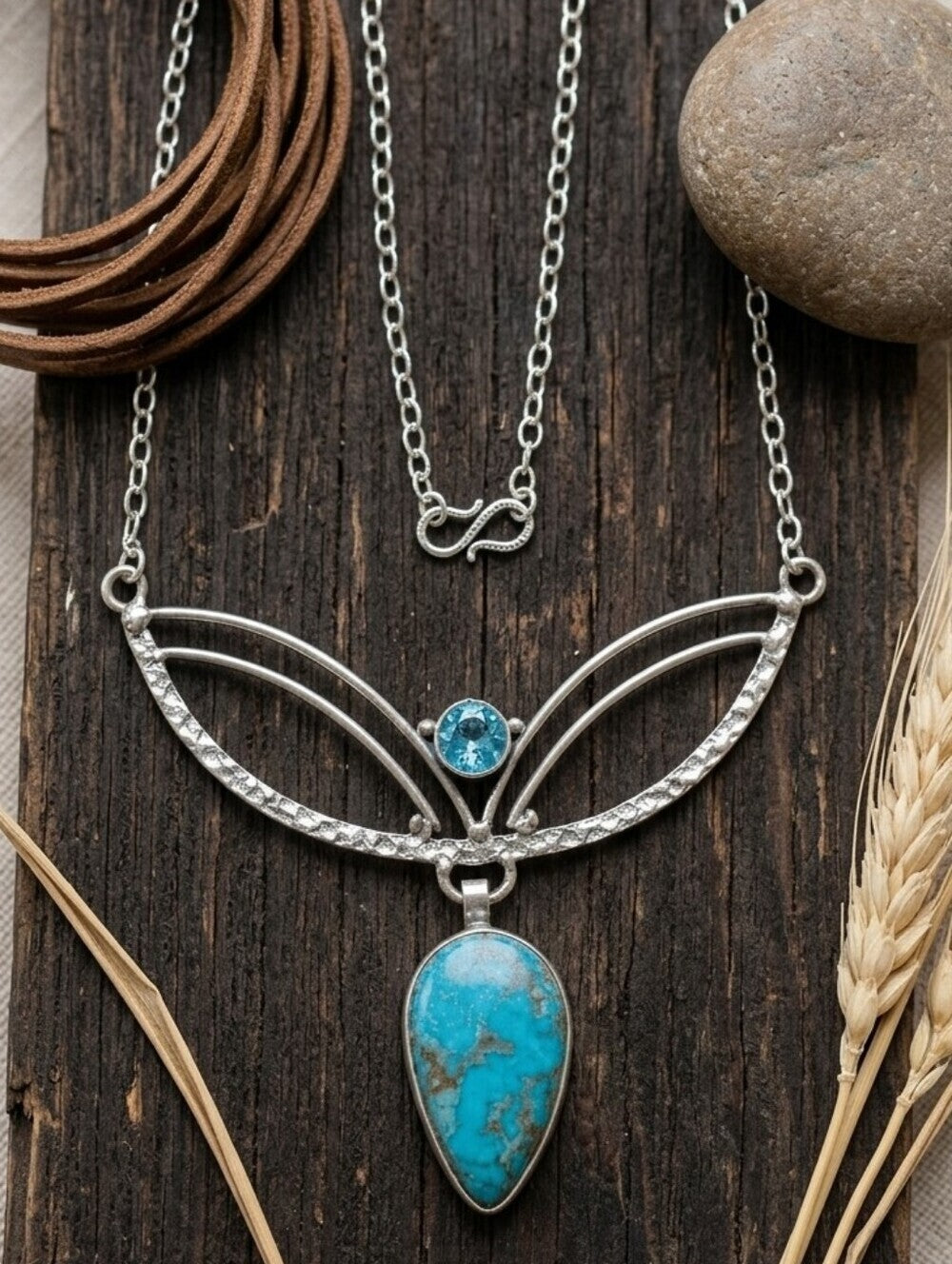 925 Sterling Silver Genuine Turquoise and Blue Topaz Crescent Necklace 20" - NeoKira Unlimited