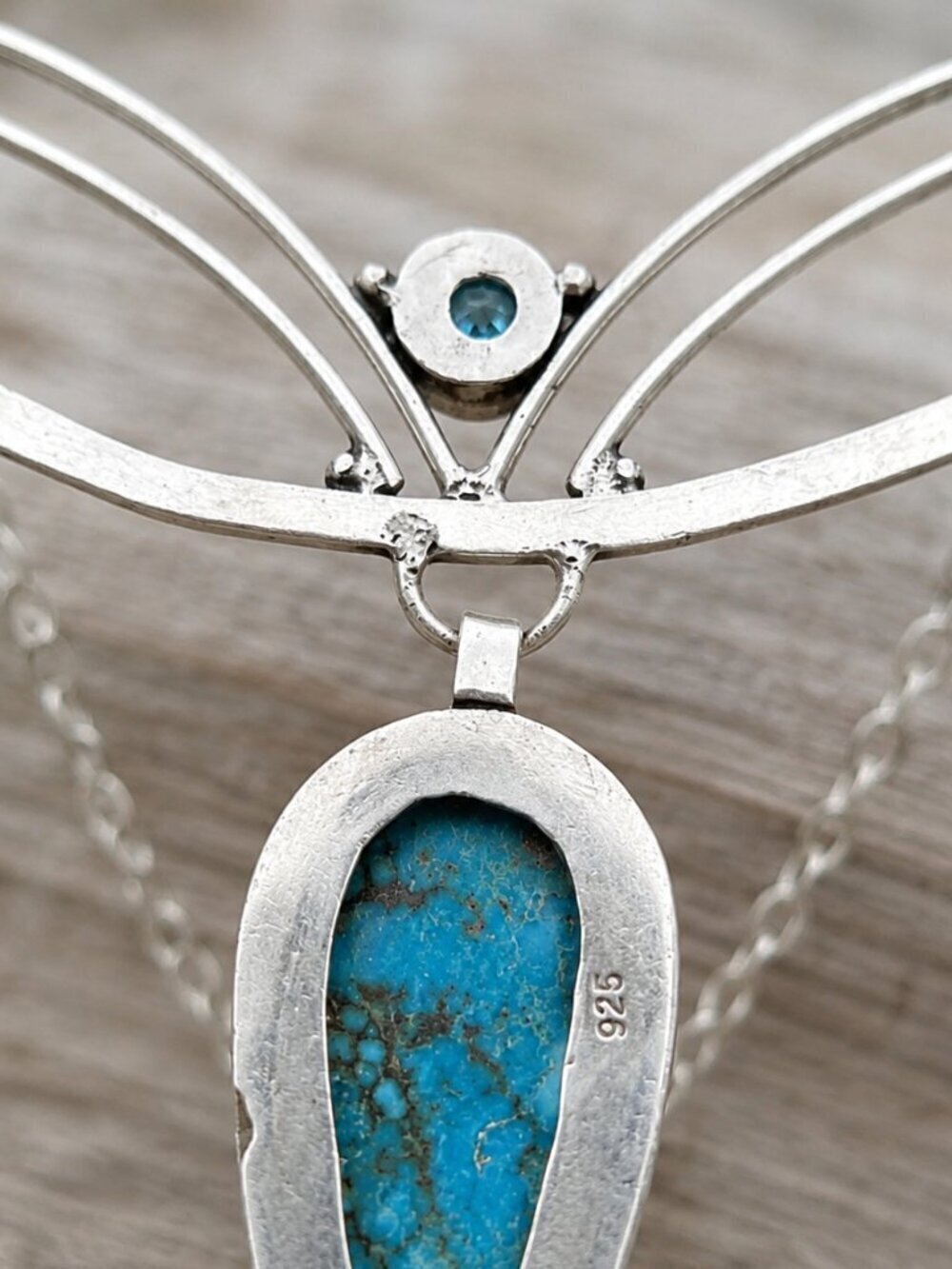 925 Sterling Silver Genuine Turquoise and Blue Topaz Crescent Necklace 20" - NeoKira Unlimited