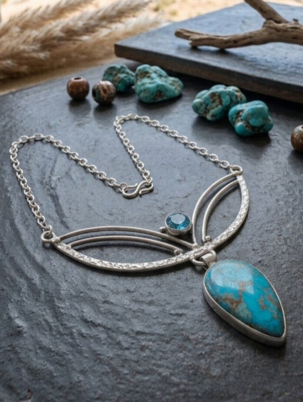 925 Sterling Silver Genuine Turquoise and Blue Topaz Crescent Necklace 20" - NeoKira Unlimited