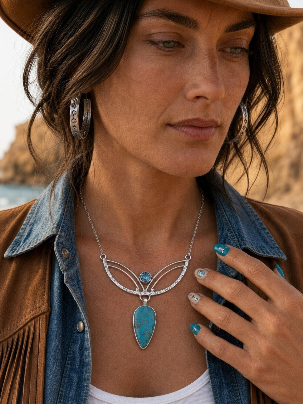925 Sterling Silver Genuine Turquoise and Blue Topaz Crescent Necklace 20" - NeoKira Unlimited