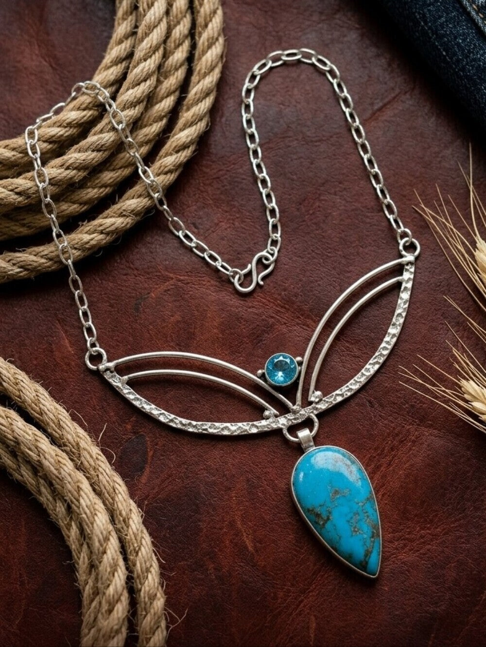 925 Sterling Silver Genuine Turquoise and Blue Topaz Crescent Necklace 20" - NeoKira Unlimited