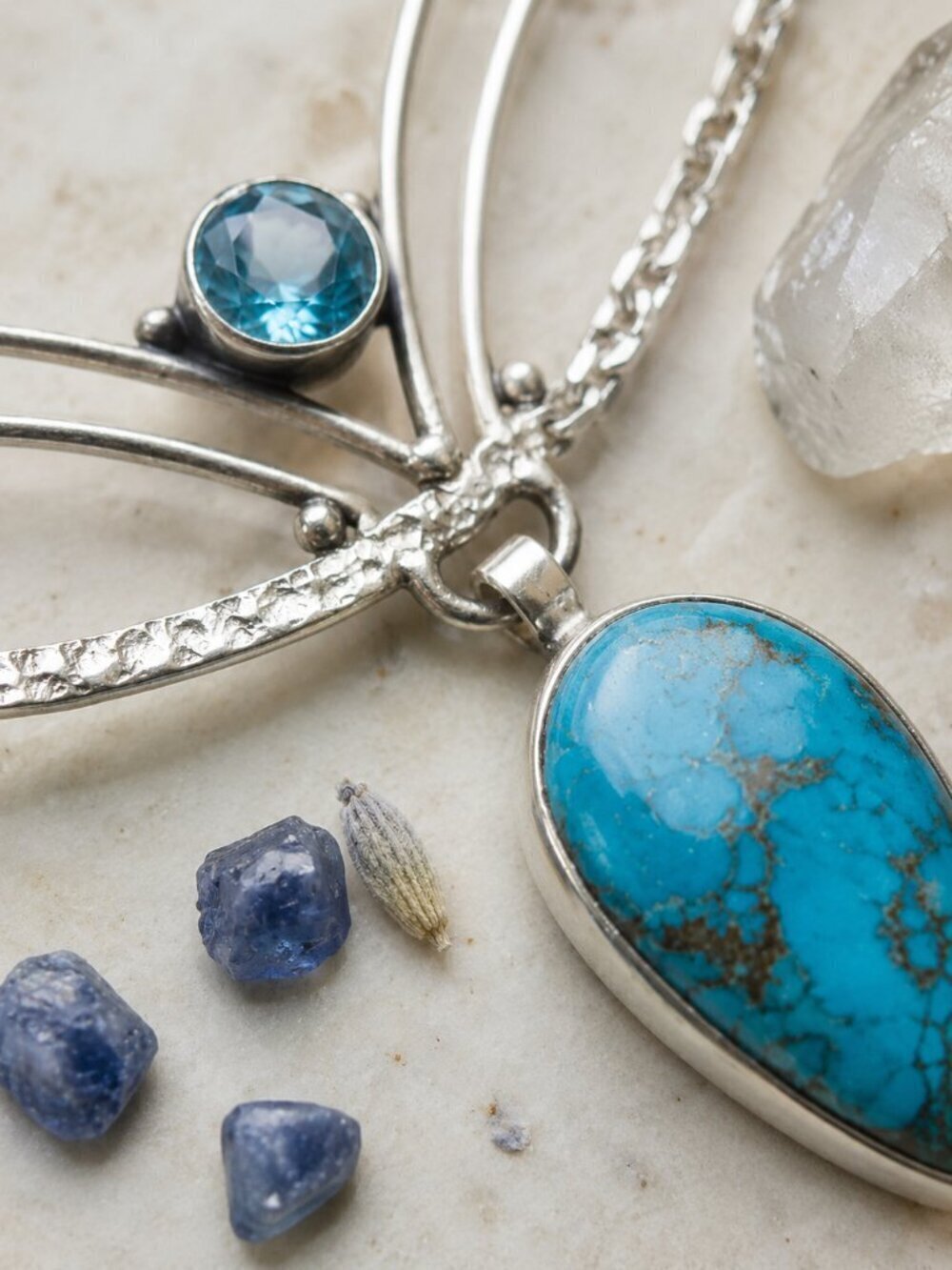 925 Sterling Silver Genuine Turquoise and Blue Topaz Crescent Necklace 20" - NeoKira Unlimited