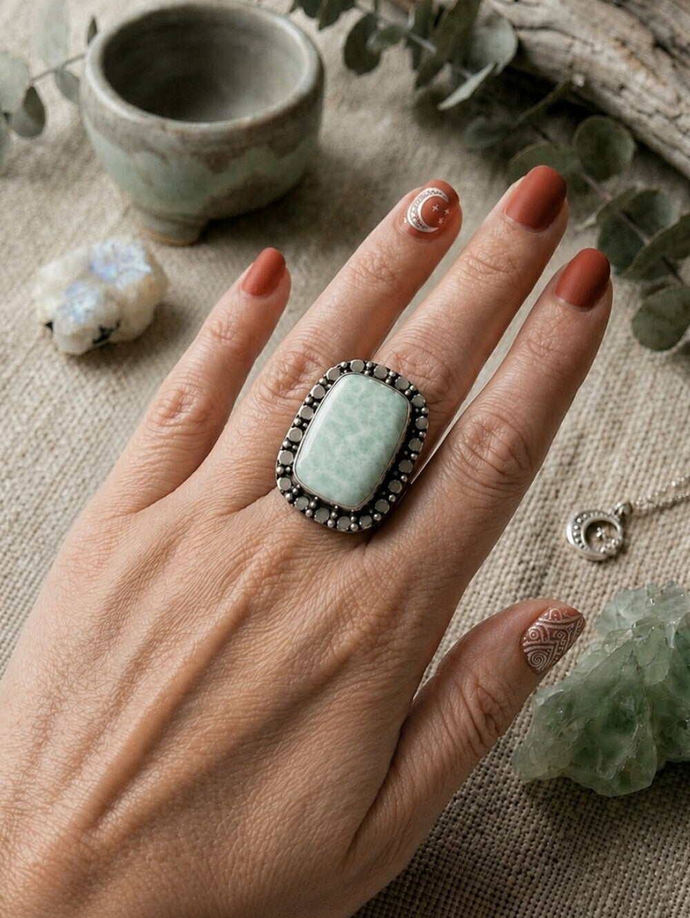 Amazonite Statement Ring 925 Sterling Silver Beaded Halo Santa Fe Boho Size 8.5 - NeoKira Unlimited
