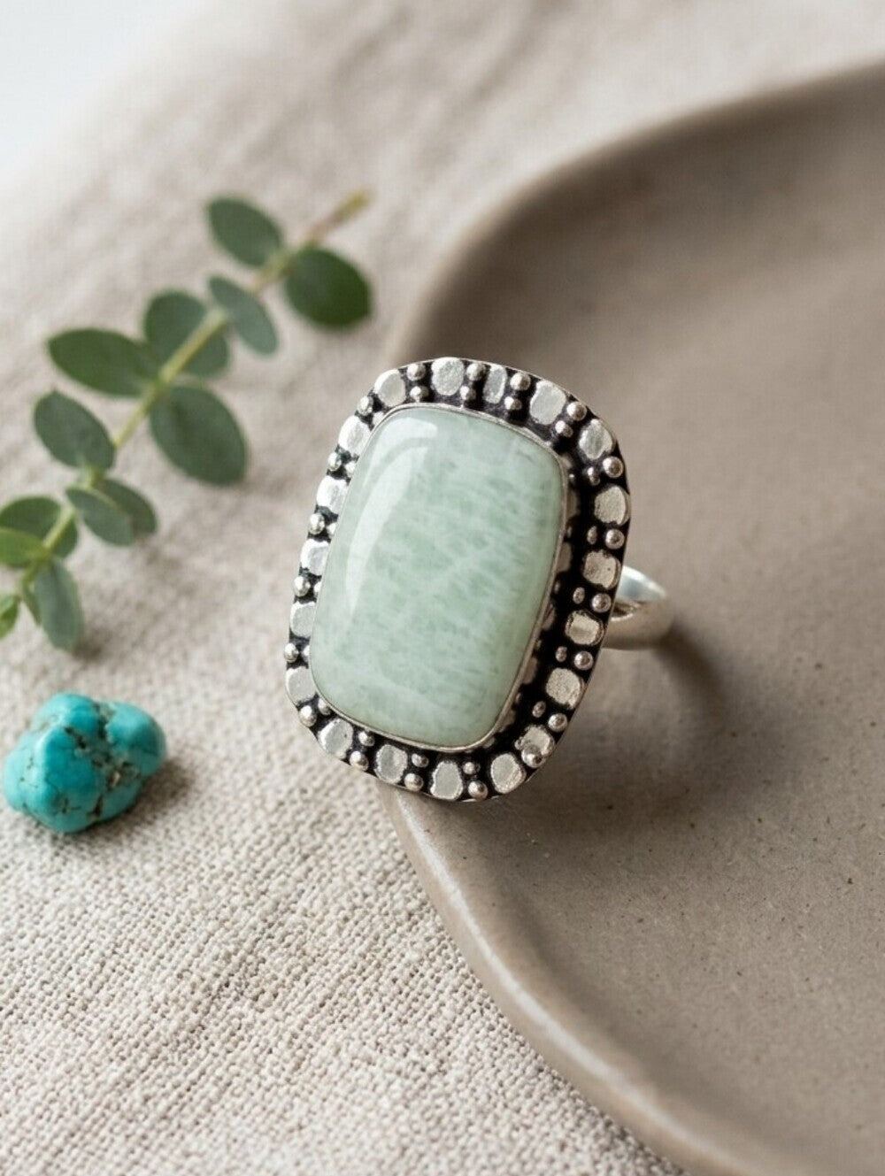 Amazonite Statement Ring 925 Sterling Silver Beaded Halo Santa Fe Boho Size 8.5 - NeoKira Unlimited