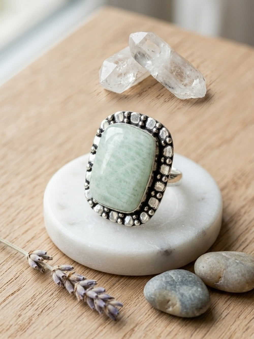 Amazonite Statement Ring 925 Sterling Silver Beaded Halo Santa Fe Boho Size 8.5 - NeoKira Unlimited