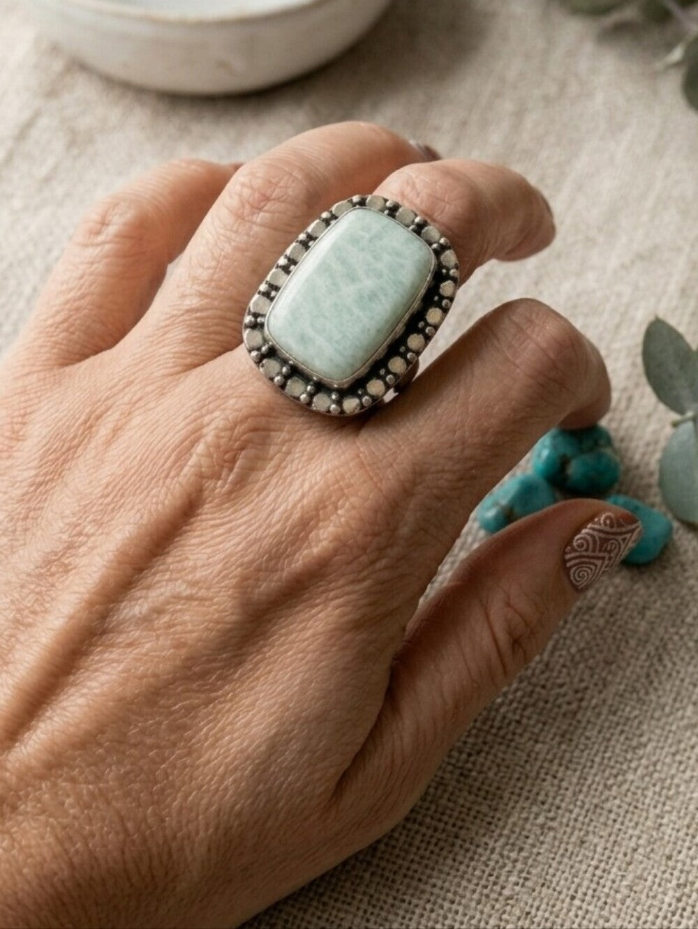 Amazonite Statement Ring 925 Sterling Silver Beaded Halo Santa Fe Boho Size 8.5 - NeoKira Unlimited
