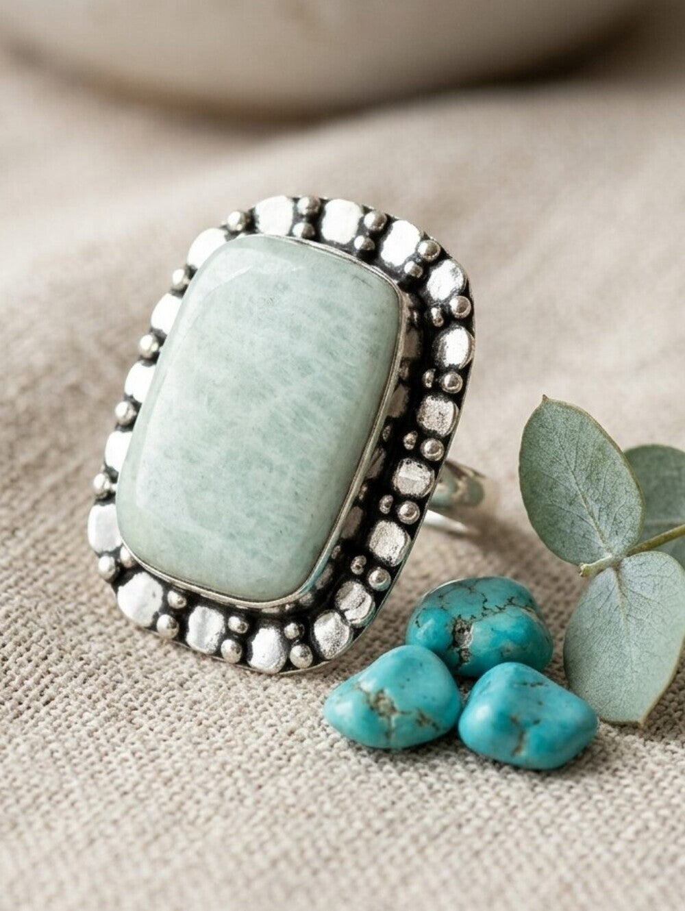 Amazonite Statement Ring 925 Sterling Silver Beaded Halo Santa Fe Boho Size 8.5 - NeoKira Unlimited