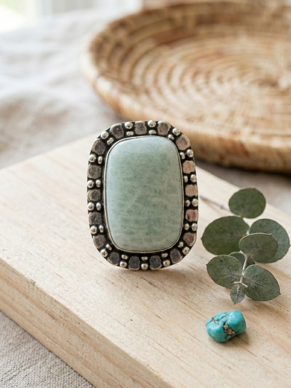 Amazonite Statement Ring 925 Sterling Silver Beaded Halo Santa Fe Boho Size 8.5 - NeoKira Unlimited