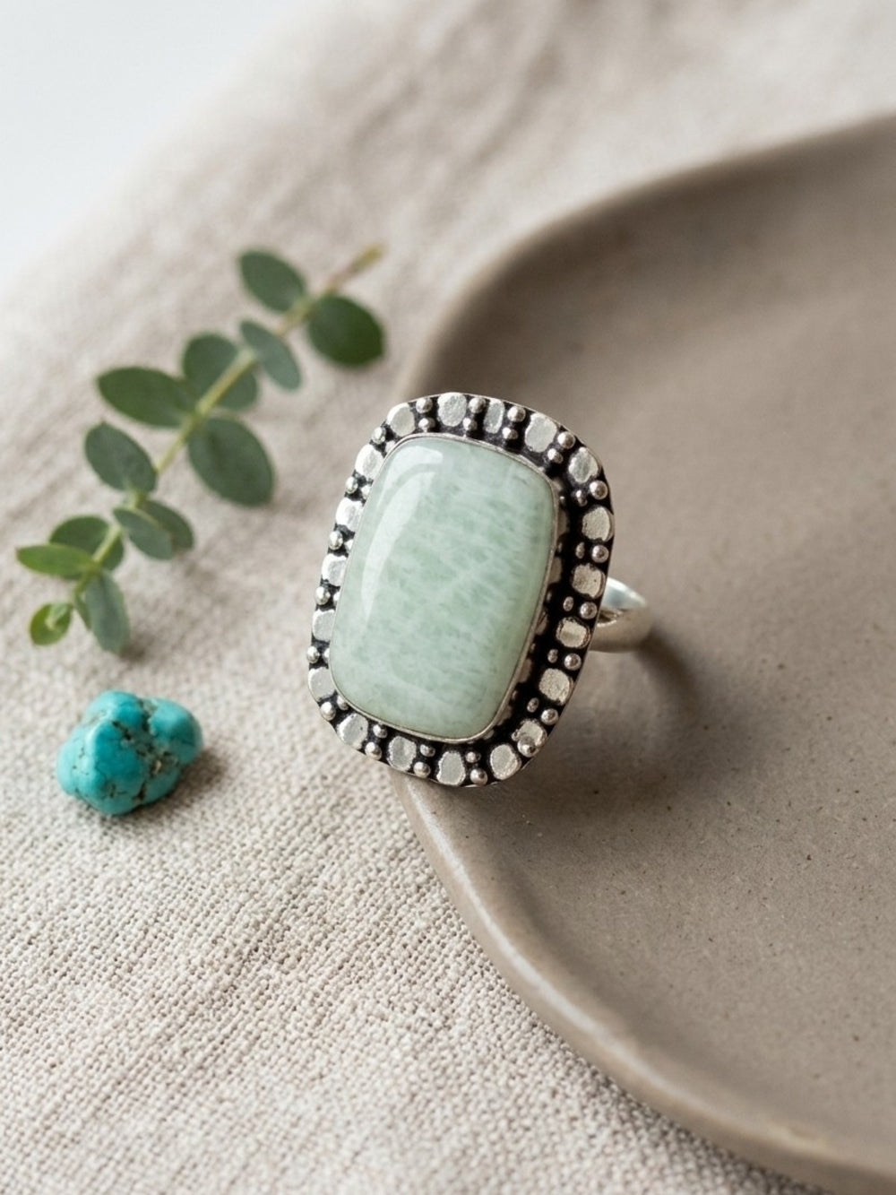 Amazonite Statement Ring 925 Sterling Silver Beaded Halo Santa Fe Boho Size 8.5 - NeoKira Unlimited