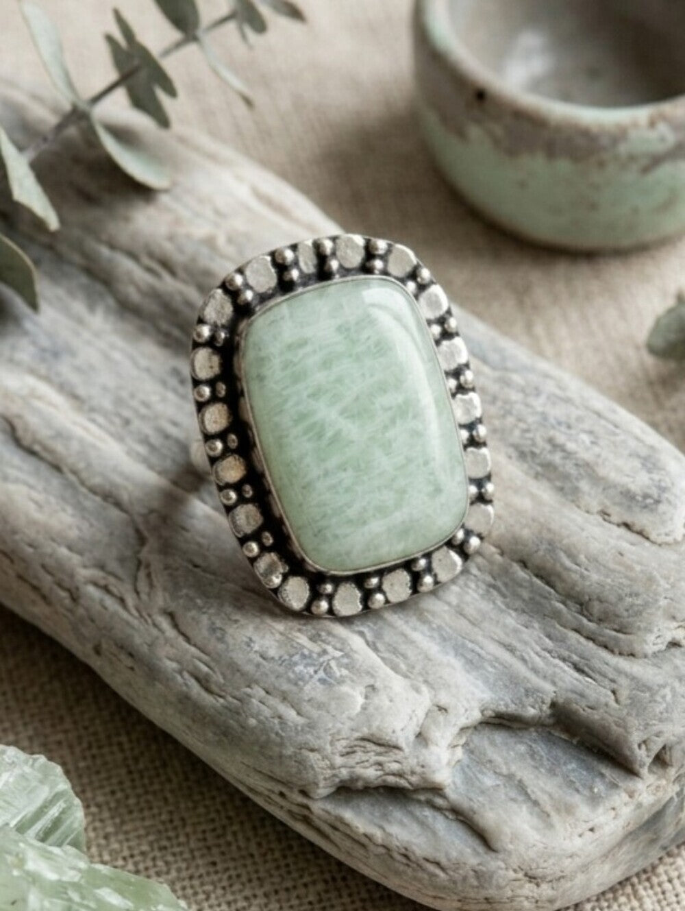 Amazonite Statement Ring 925 Sterling Silver Beaded Halo Santa Fe Boho Size 8.5 - NeoKira Unlimited