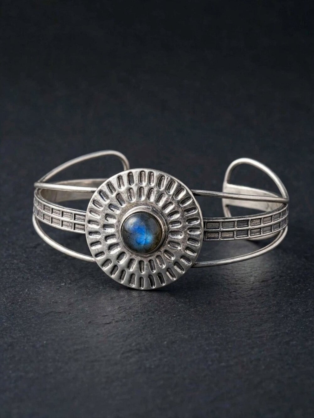 Labradorite Cuff Bracelet 925 Sterling Silver Sunburst Concho Southwestern 2.5" - NeoKira Unlimited