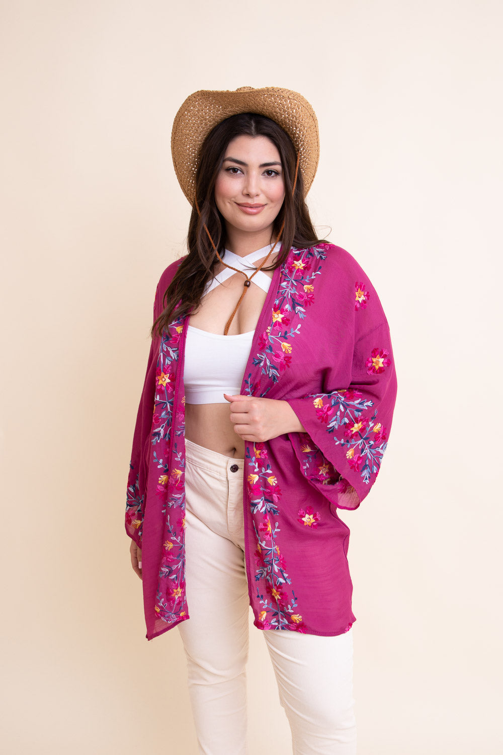 Lightweight Anemone Embroidered Kimono One Size / Fuchsia