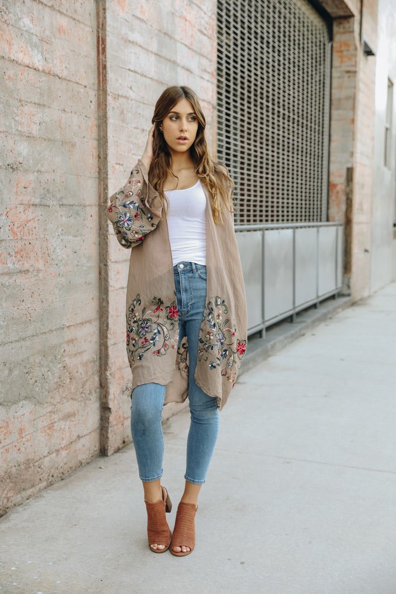 Long Floral Kimono Cardigan Kimono Leto Collection Mocha  