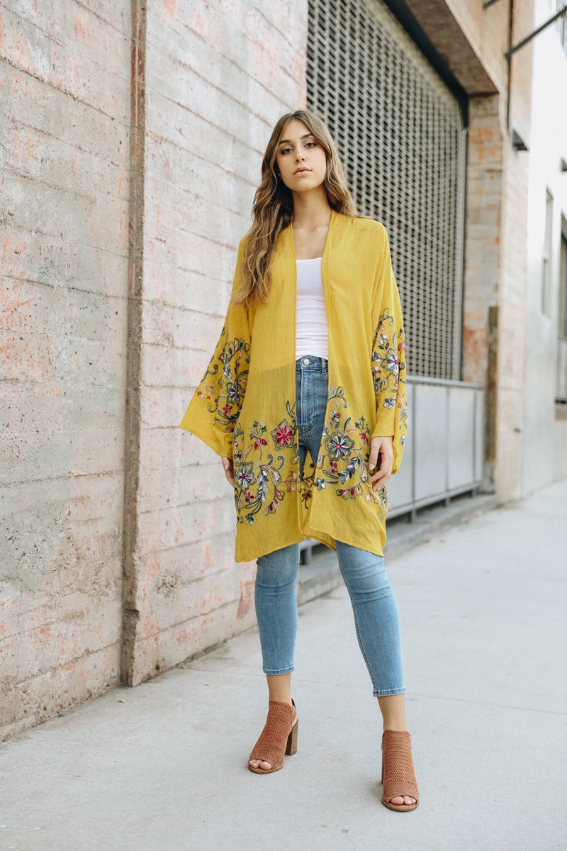 Long Floral Kimono Cardigan Kimono Leto Collection Mustard  