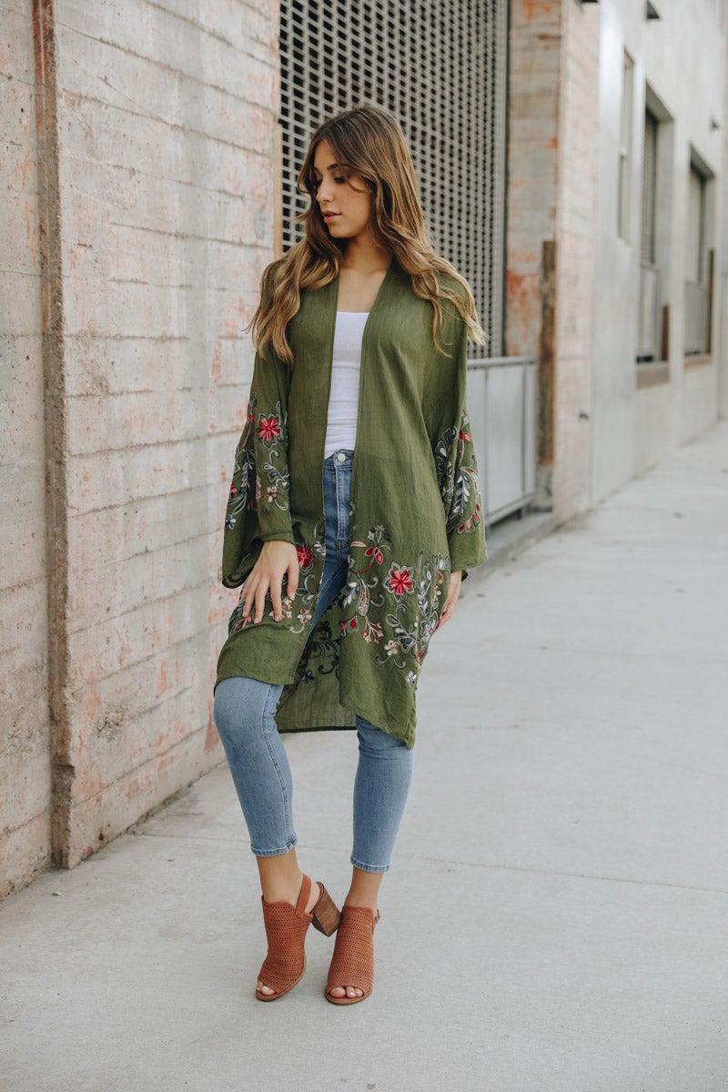 Long Floral Kimono Cardigan Kimono Leto Collection Olive  