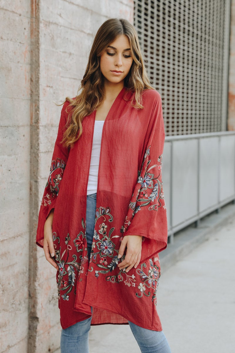 Long Floral Kimono Cardigan Kimono Leto Collection Plum  