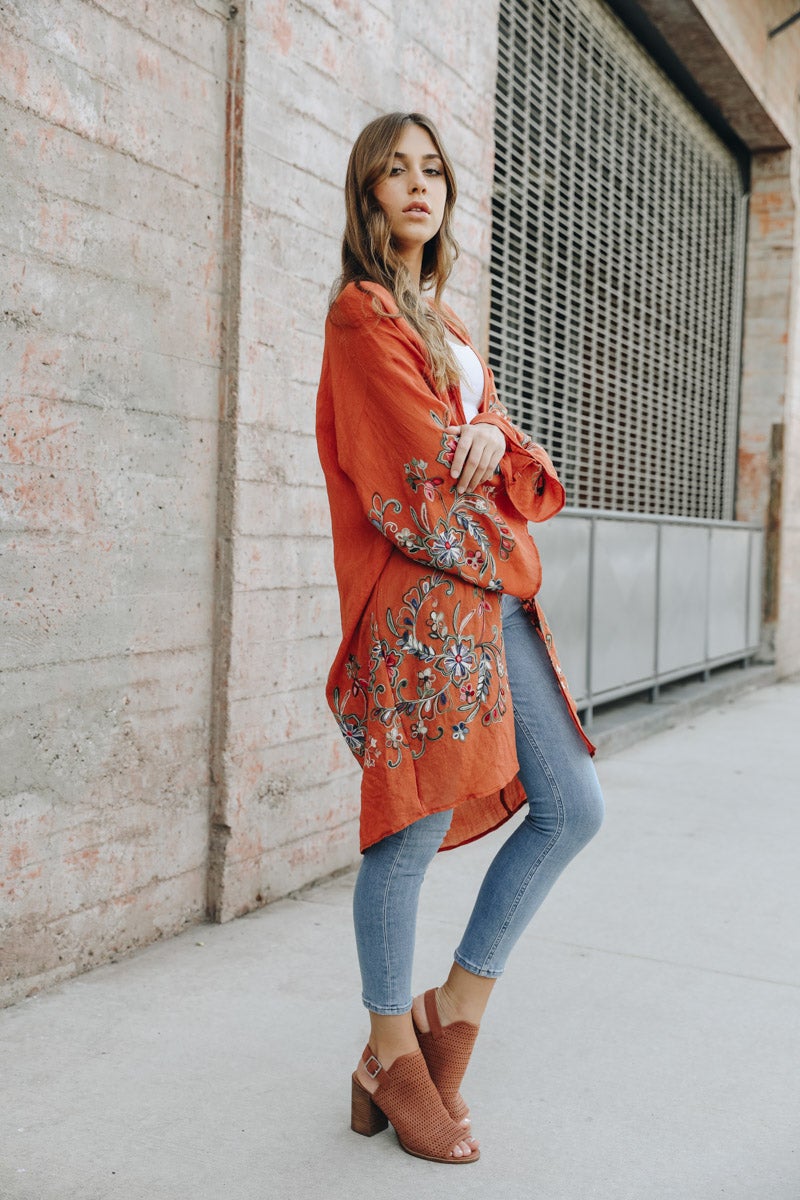 Long Floral Kimono Cardigan Rust