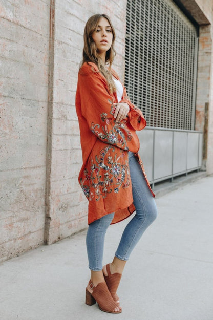 Long Floral Kimono Cardigan Rust