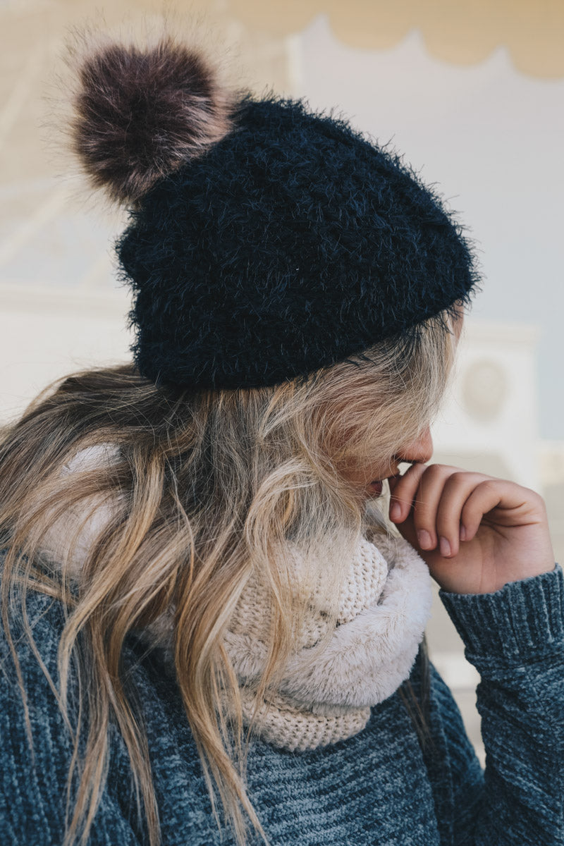 Mohair Fur Knit Pom Beanie - NeoKira Unlimited