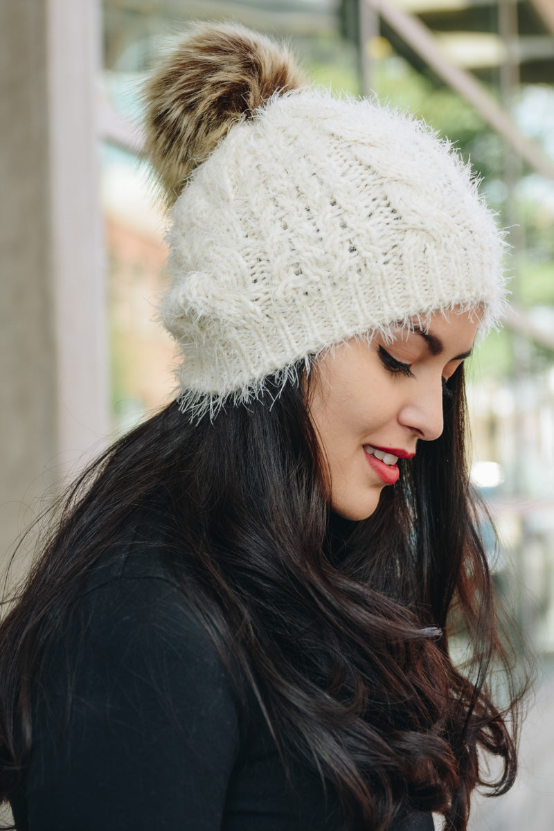 Mohair Fur Knit Pom Beanie Beanies Leto Collection Ivory  