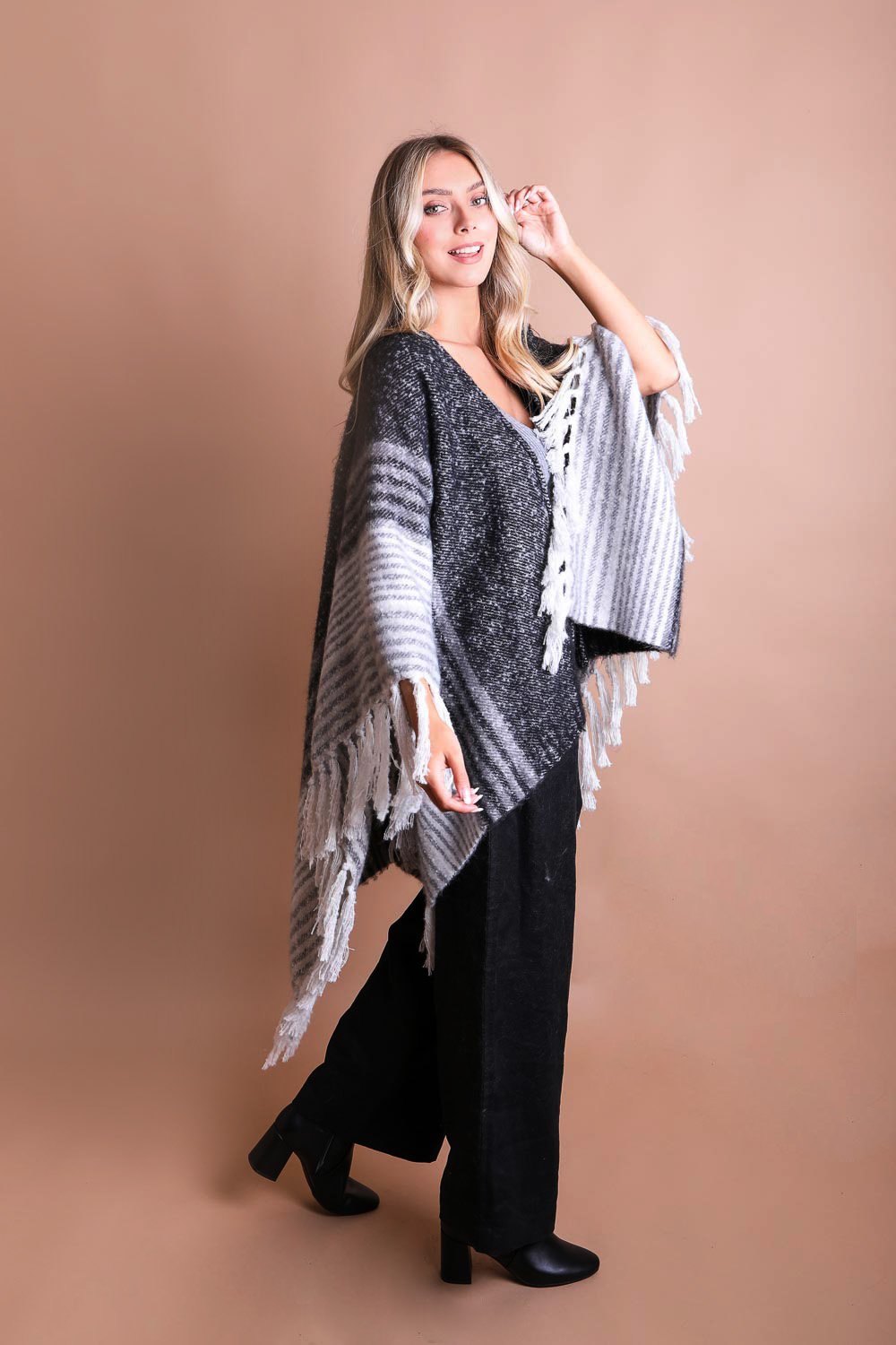 Mohair Striped Ruana Ponchos Leto Collection Black  