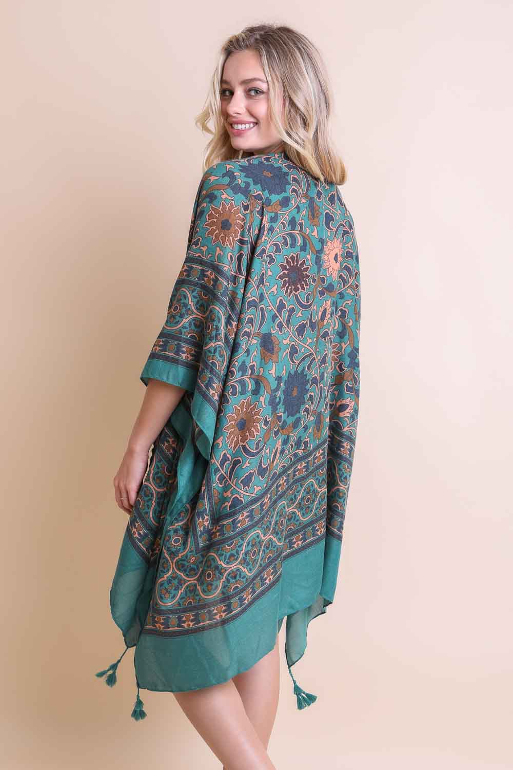 Moroccan Inspired Tapestry Kimono Kimono Leto Collection One Size Emerald 