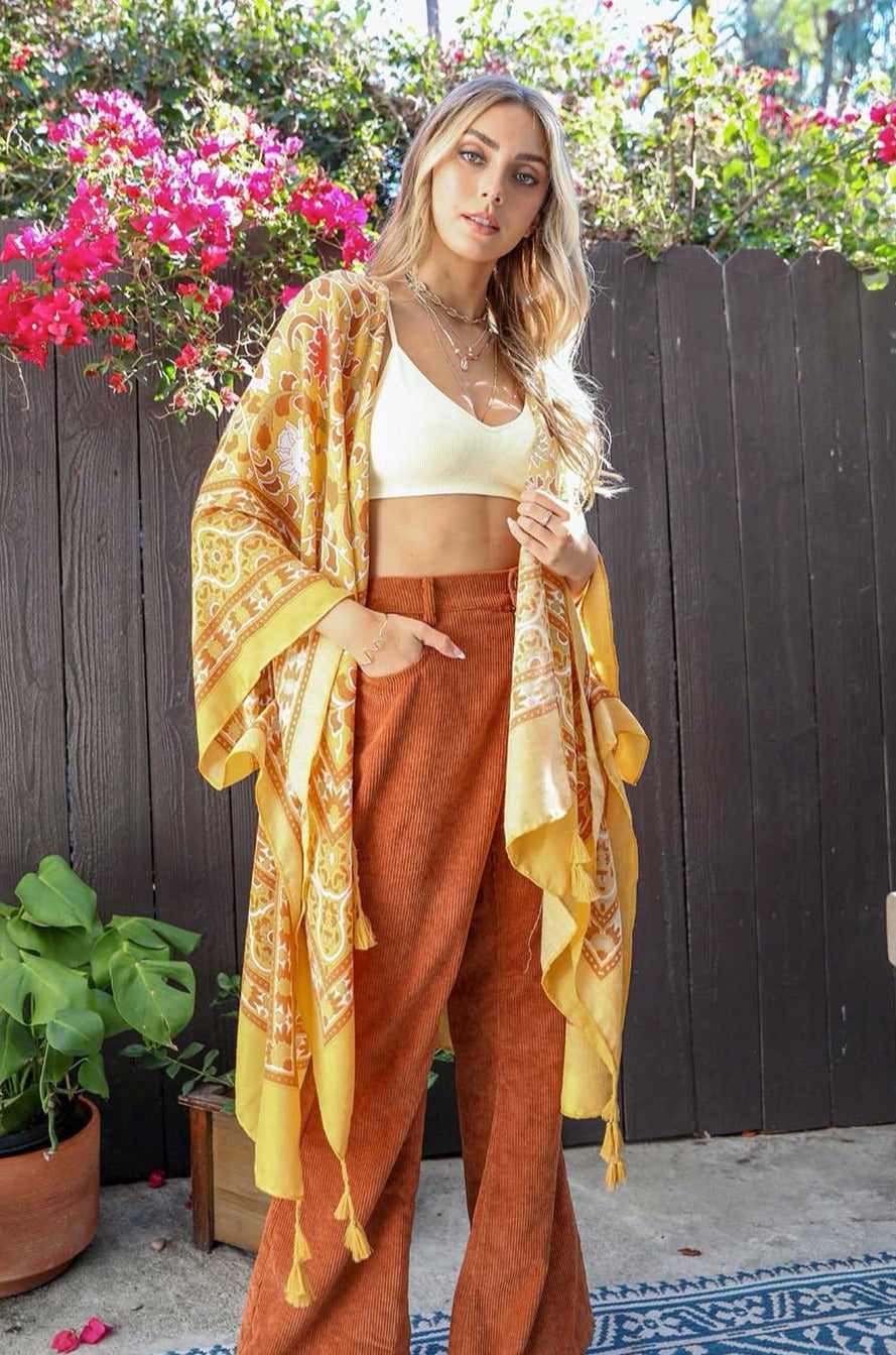 Moroccan Inspired Tapestry Kimono Kimono Leto Collection One Size Mustard 